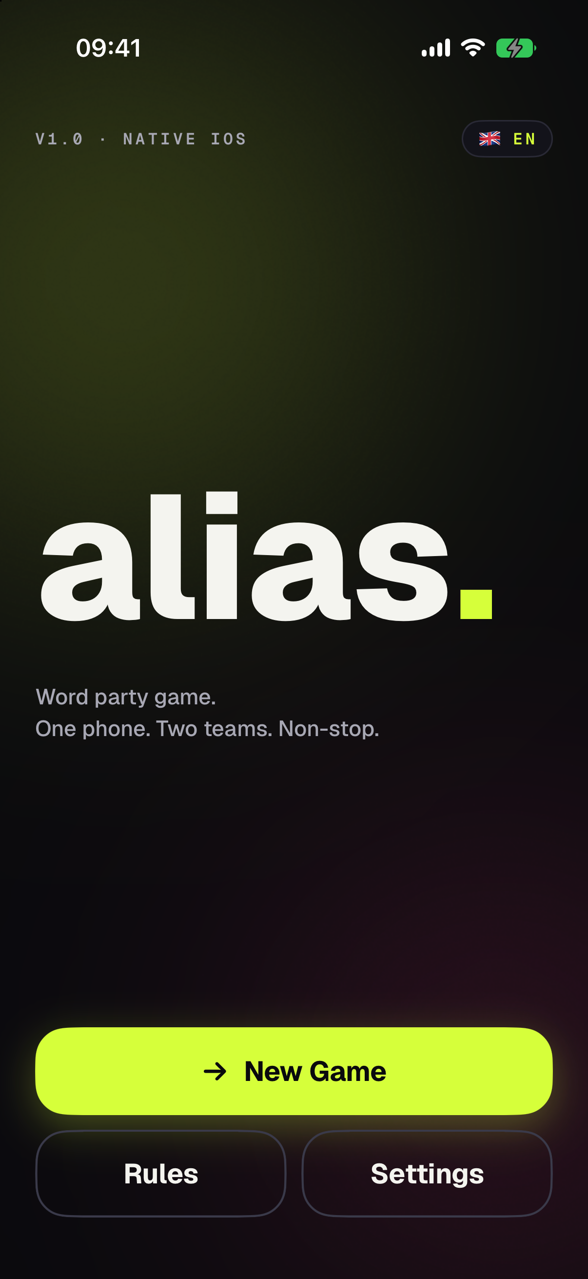 Alias home screen: a word party game, one phone, two teams