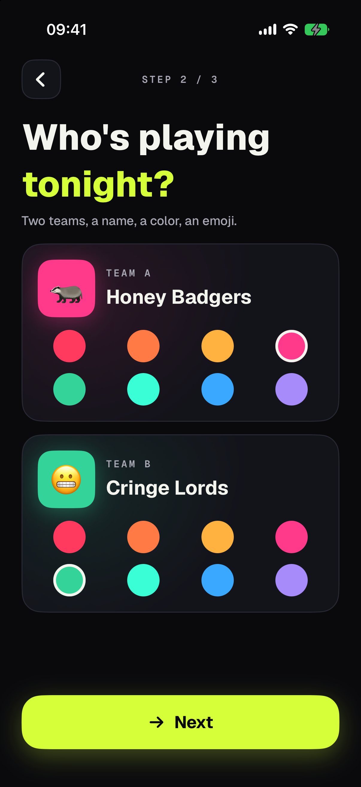 Alias team setup: name, color and emoji for two teams