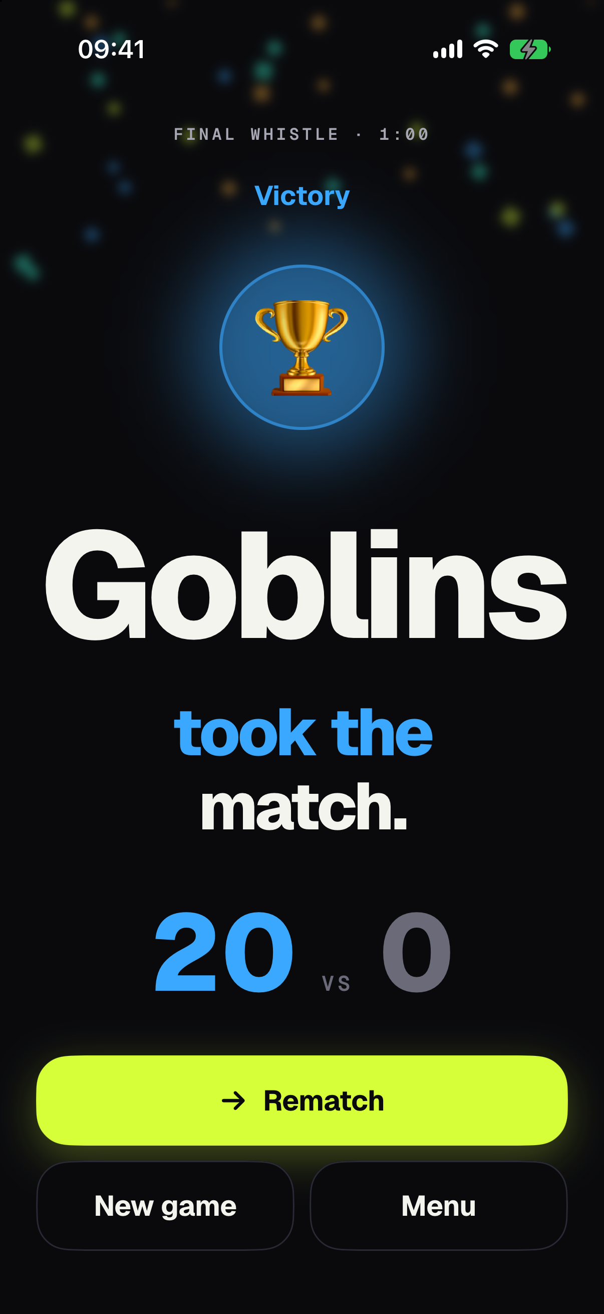 Alias victory screen: trophy and a 20–0 score